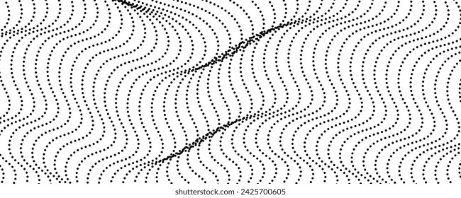 Halftone monochrome background with flowing dots. Abstract wave black and white texture. Vector illustration