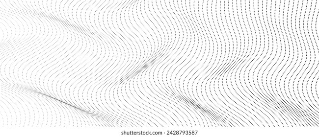 Halftone monochrome background with flowing dots. Abstract wave black and white texture. Vector illustration