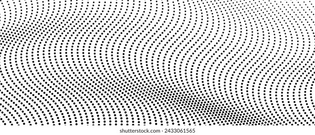 Halftone monochrome background with flowing dots. Abstract wave black and white texture. Vector illustration