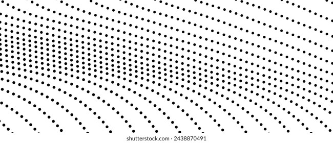 Halftone monochrome background with flowing dots. Abstract wave black and white texture. Vector illustration