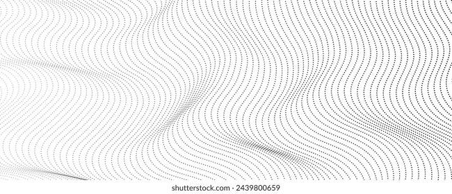 Halftone monochrome background with flowing dots. Abstract wave black and white texture. Vector illustration