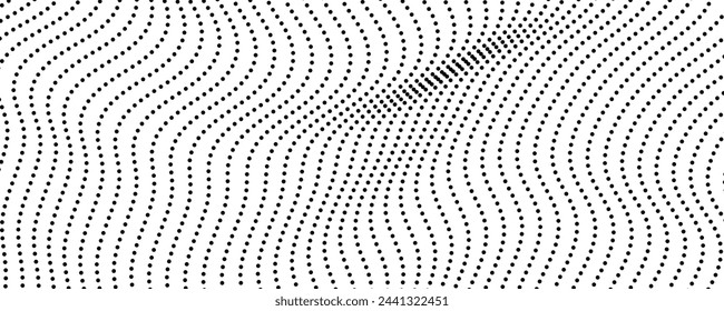 Halftone monochrome background with flowing dots. Abstract wave black and white texture. Vector illustration
