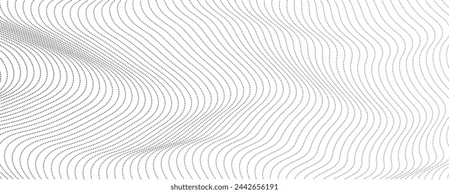 Halftone monochrome background with flowing dots. Abstract wave black and white texture. Vector illustration