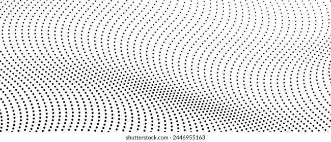 Halbtonfarbener einfarbiger Hintergrund mit fließenden Punkten. Abstrakte Schwarz-Weiß-Wellenstruktur. Vektorillustration