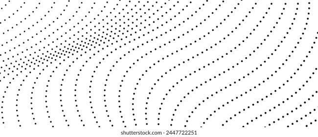 Halftone monochrome background with flowing dots. Abstract wave black and white texture. Vector illustration