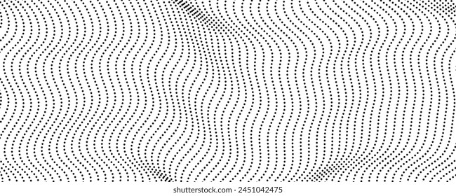 Halftone monochrome background with flowing dots. Abstract wave black and white texture. Vector illustration