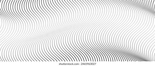 Halftone monochrome background with flowing dots. Abstract wave black and white texture. Vector illustration