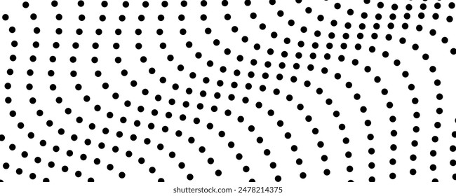 Halftone monochrome background with flowing dots. Abstract wave black and white texture. Vector illustration