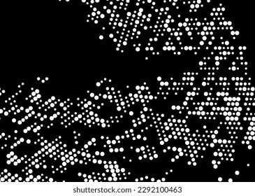 Patrón de puntos monocromo de semitono. Minimalismo, vector. Puntos blancos sobre fondo negro. Antecedentes para afiches, sitios web, tarjetas de visita, postales.