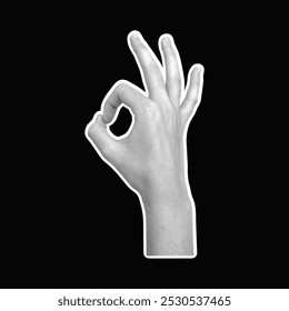 Halftone monochrome hand gesture on black background ok sign symbolizing agreement and positive vibe