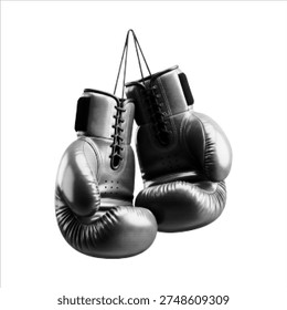 Halftone monochrome illustration of hanging boxing gloves. Classic sport equipment isolated on light background, concept of boxing, fight training, strength, competition and combat sport.