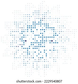 Halftone monochrome pattern with blue squares around the circle. Minimalism, vector. Background for posters, websites, business cards, postcards, interior design.