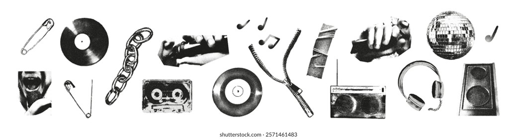 Halftone monochrome stipple elements set. Vinyl record, screaming mouths with microphone, cassette, speaker, radio. Grunge punk dots texture for y2k collage design Retro photocopy vector illustration