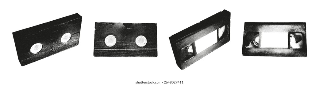Conjunto de elementos pontilhados monocromáticos de meio-tom. Fita VHS, cassete de vídeo analógico antigo. Textura de pontos punk grunge para design de colagem y2k. Ilustração de vetor de fotocópia retrô no fundo transparente