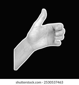 Halftone monochrome thumbs up holding something vertically gesture isolated on black background