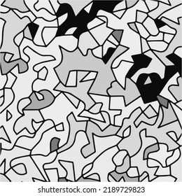 Halftone Mosaikhintergrund. monochrome Gestaltung chaotischer geometrischer Formen.Abstrakter, mosaikanter Vektorhintergrund, geometrischer Fliesenmuster für Bildschirmhintergründe, Wickelpapier oder Website-Hintergründe.