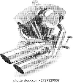 Halftone Motorrad Motor Illustration für Biker und Mechanik Design Themen