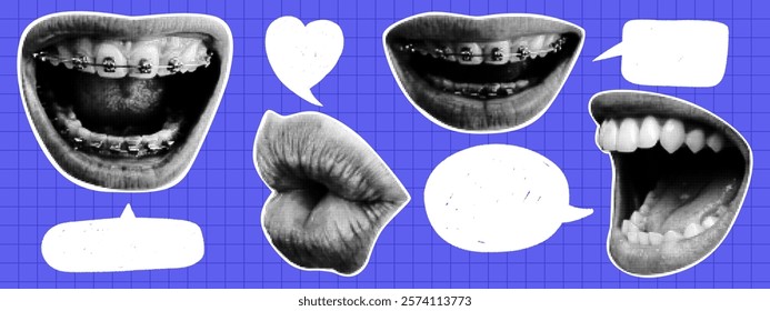 Halftone mouth and lips set with speech bubbles. Y2K style. Modern vector illustration