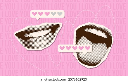 Halftone mouths with love speech bubbles. Y2K style Valentine's day banner. Vintage vector illustration