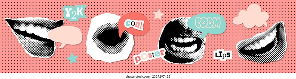 Halftone mouths set with comic speech bubble. Concept of advertisement, announcement of information and attraction of attention. Vintage collage sticker Vector illustration.