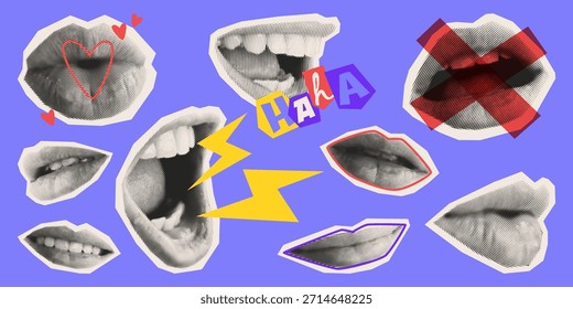 Conjunto de bocas de semitono aisladas sobre fondo azul. Ilustración vectorial contemporánea de labios femeninos sonriendo, hablando, besándose, gritando, riendo, Elementos de collage de chismes de estilo retro, discusión secreta
