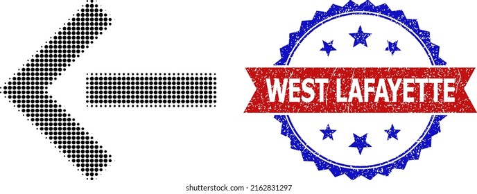 Halftone move left icon, and bicolor grunge West Lafayette seal. Halftone move left icon is generated with small round pixels. Vector seal with corroded bicolored style,