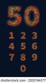 Halftone multicolored red, yellow, green numbers. A large number 50 is drawn on top, smaller numbers are drawn on the bottom on a dark blue background. Set of numbers from dots