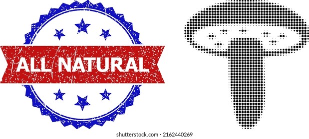 Halftone mushroom icon, and bicolor unclean All Natural seal. Halftone mushroom icon is made with small circle dots. Vector seal with unclean bicolored style,