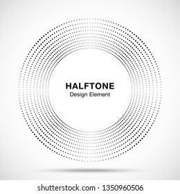 Halftone music circle frame abstract dots logo emblem design element. Half tone circular icon. Disc musical insignia. Round border using halftone circle dots raster texture. Vector illustration. 
	
