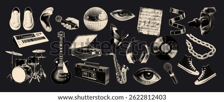 Halftone music elements set. Vinyl record, cassette, spacer, drums, synthesizer, mouth with microphone, eyes, chain. Grunge punk dotted texture for collage design. Retro vector illustration.