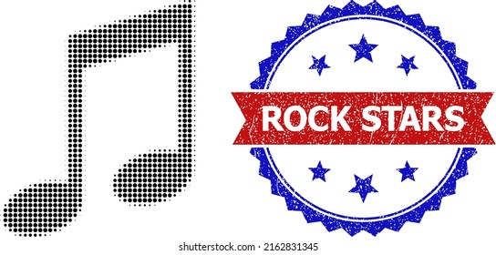 Halftone music notation icon, and bicolor scratched Rock Stars seal stamp. Halftone music notation icon is made with small circle items. Vector seal with scratched bicolored style,