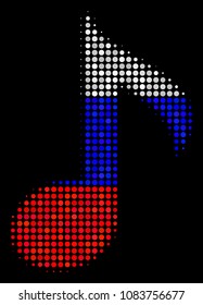 Halftone Musical Note icon colored in Russian state flag colors on a dark background. Vector collage of musical note icon formed with circle pixels.