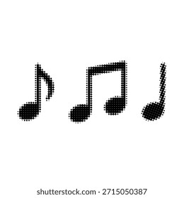 Notas musicais de meio-tom definidas em preto e branco. Símbolos de música estilo ponto vintage isolados no fundo branco. Conceito para som, melodia, ritmo, áudio e design de música.