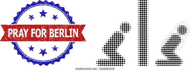 Halftone muslim praying room icon, and bicolor unclean Pray for Berlin seal. Halftone muslim praying room icon is constructed with small circle elements. Vector seal with grunge bicolored style,