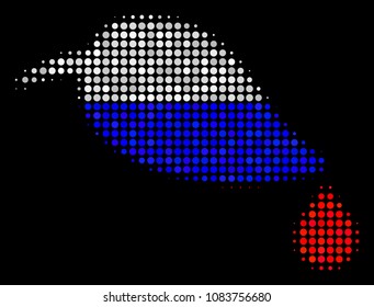 Halftone Natural Leaf With Drop pictogram colored in Russia state flag colors on a dark background. Vector concept of natural leaf with drop icon made from spheric blots.