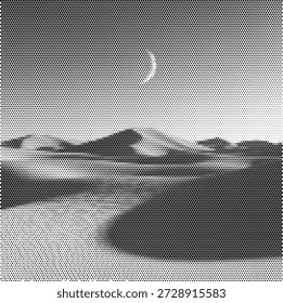 Paisagem natural de meio-tom com dunas de areia do deserto sob uma lua crescente, ideal para temas celestiais do céu e cartazes de aventura de viagem.