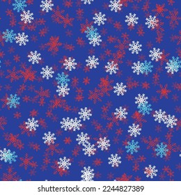 Halftone Night Falling. Retro Color Background. Vector Snow Flake. White Seamless Fun. Blue Random Polka Snow. Abstract Fashion Christmas. Red Polkadot Dot. Small Random Dot. Pattern Cool Effect.