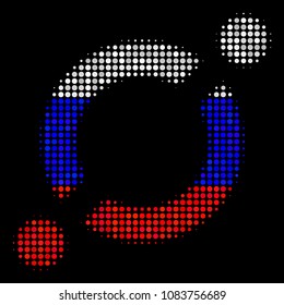 Halftone Node Link icon colored in Russia official flag colors on a dark background. Vector concept of node link icon designed from spheric elements.