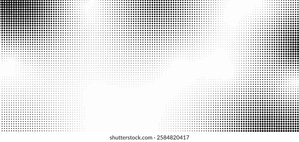 halftone noise gradient texture. Grunge dirty speckles and spots background. White and black faded sand grain wallpaper. Retro pixelated comic horizontal backdrop.