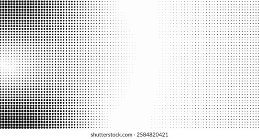 halftone noise gradient texture. Grunge dirty speckles and spots background. White and black faded sand grain wallpaper. Retro pixelated comic horizontal backdrop.