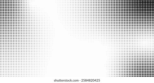 halftone noise gradient texture. Grunge dirty speckles and spots background. White and black faded sand grain wallpaper. Retro pixelated comic horizontal backdrop.