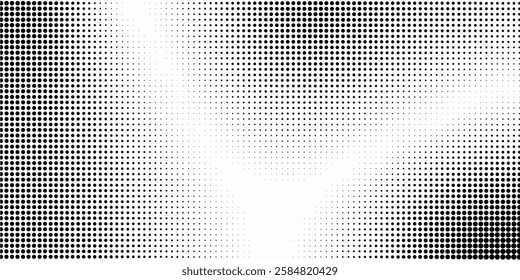 halftone noise gradient texture. Grunge dirty speckles and spots background. White and black faded sand grain wallpaper. Retro pixelated comic horizontal backdrop.