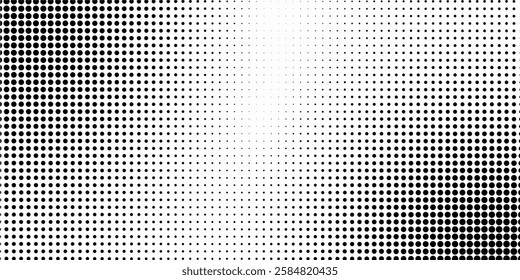 halftone noise gradient texture. Grunge dirty speckles and spots background. White and black faded sand grain wallpaper. Retro pixelated comic horizontal backdrop.