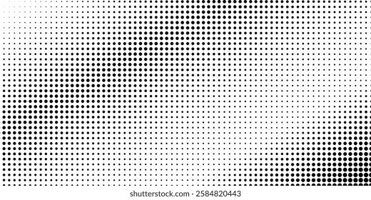 halftone noise gradient texture. Grunge dirty speckles and spots background. White and black faded sand grain wallpaper. Retro pixelated comic horizontal backdrop.