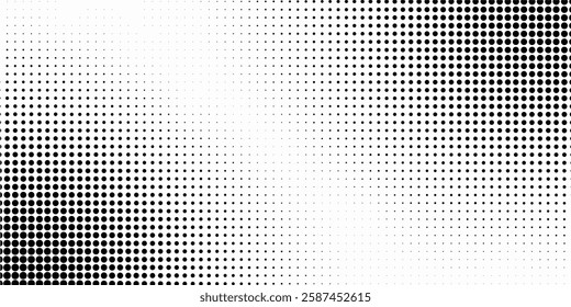 halftone noise gradient texture. Grunge dirty speckles and spots background. White and black faded sand grain wallpaper. Retro pixelated comic horizontal backdrop.