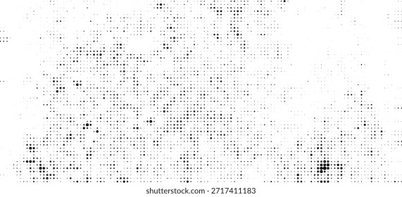 Textura de ruído de meio-tom. Grunge sujo manchas espalhadas, manchas, pontos de fundo. Papel de parede de grão de areia de grão de grão de grão preto e branco. Fundo texturizado de quadrinhos de pixel retrô. Sobreposição de meio-tom de arte pop arenosa de vetor