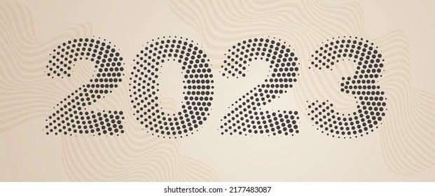 Halftone Zahlen 2023 auf beigem Hintergrund. Kalenderüberschrift 2023 Gute Neujahrskarte! Weihnachtsfeiern. Typografie minimale trendige Poster, Banner oder Logo Text Design.