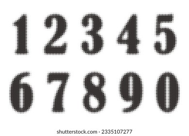 Halftone numbers. Grunge font with pixel pattern. Typography numerals set with abstract dotted effect. Vector pop art design elements