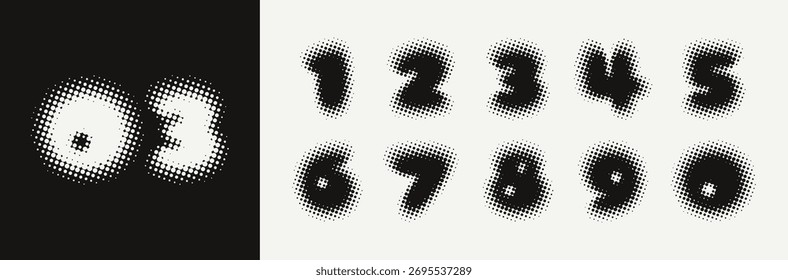 Halftone numbers in retro style. Blurred and fuzzy numbers with dots and circles. Raster spotted typeface. Vector illustration 