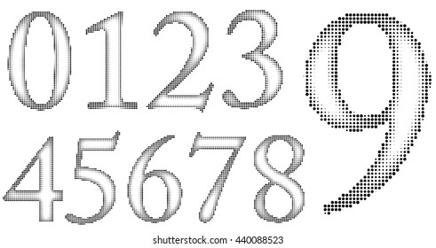 Halftone Numbers with round dots, inner shadow style.